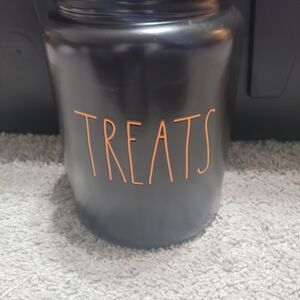 Rae Dunn Black Treats Canister with Orange Text